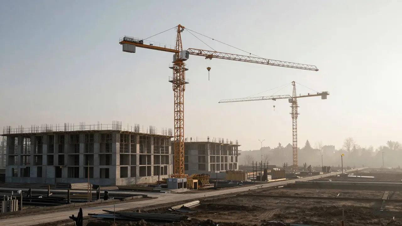 Stavební místo s jeřáby symbolizující nedostatek nových bytů