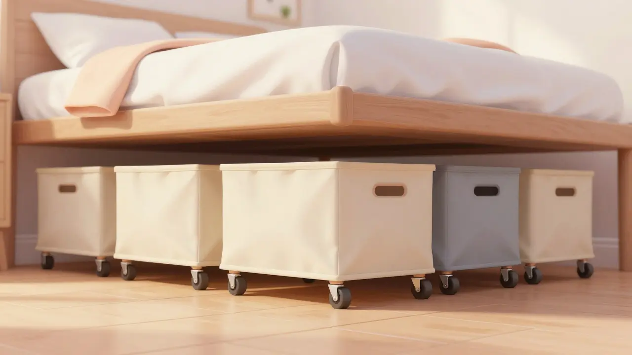 Under-bed storage solution with fabric containers on wheels in a small apartment