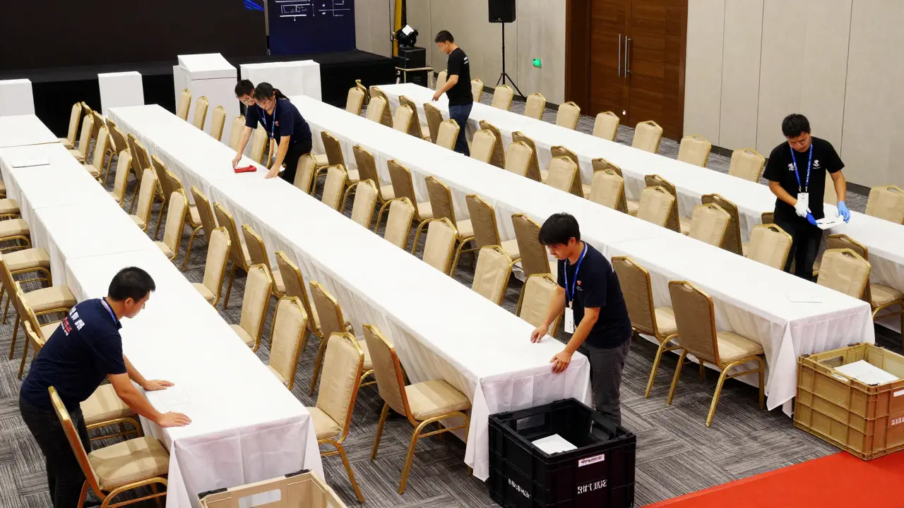 Workers setting up chairs and tables for a large corporate event