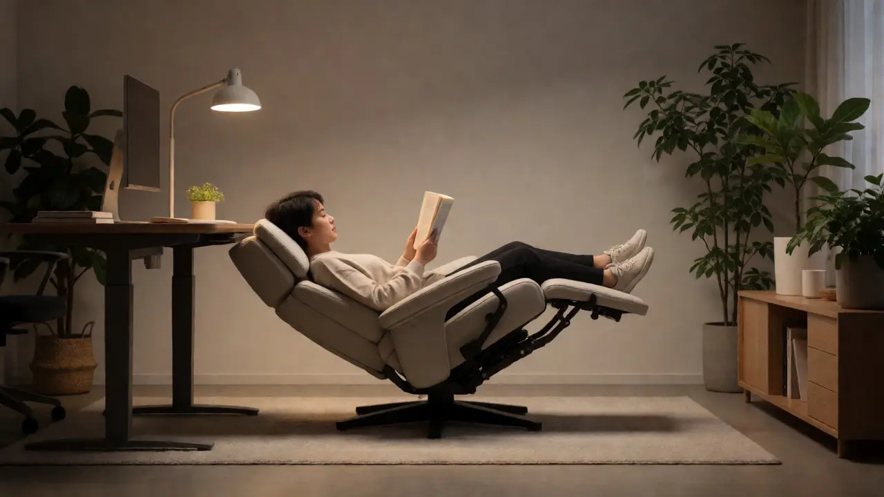 Člověk odpočívající v moderním relaxačním křesle v klidné pracovně.