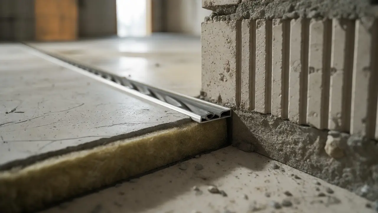 Detail dilatační spáry mezi podlahou a cihlovou stěnou
