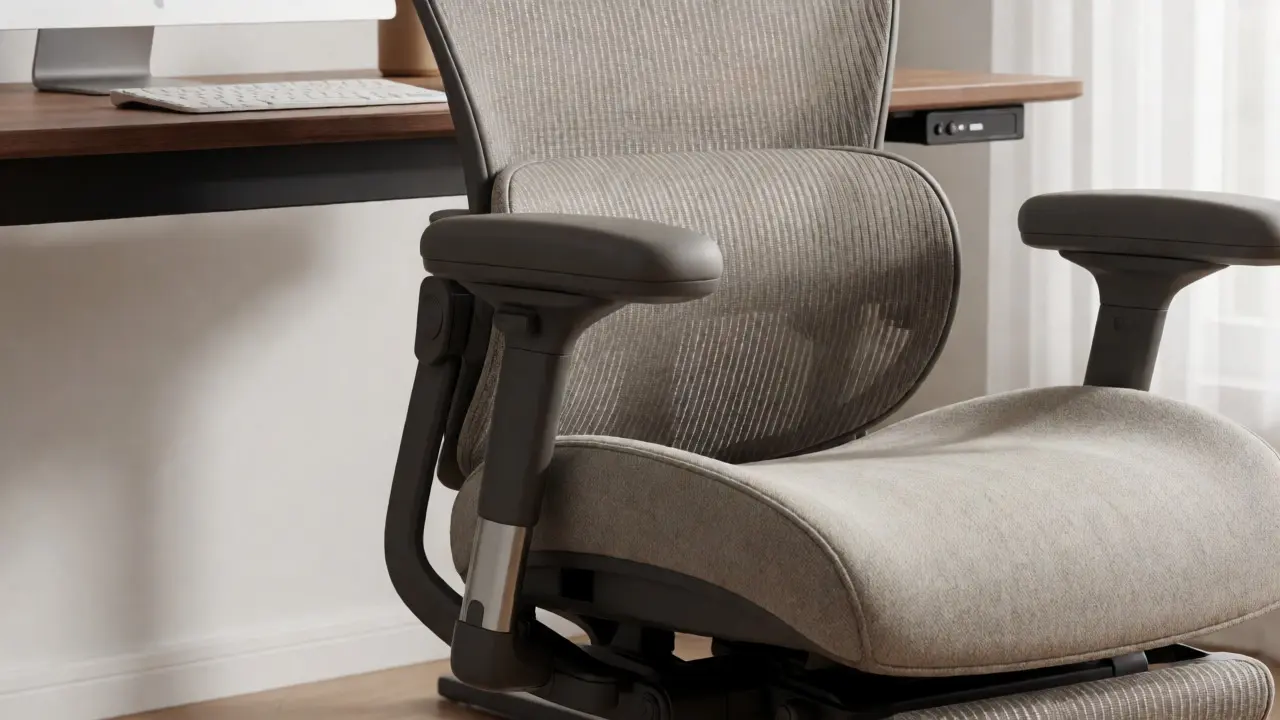 Detailní pohled na ergonomické křeslo s nastavitelnou bederní opěrkou.