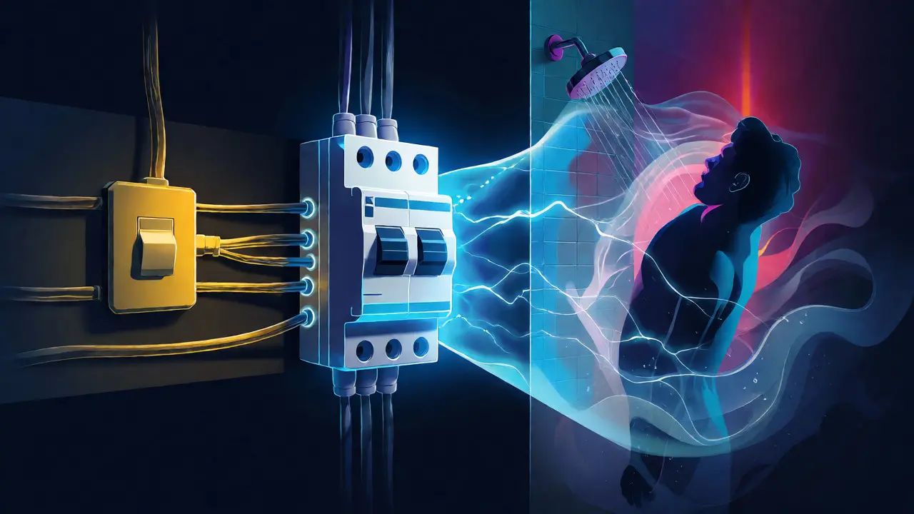Ilustrace elektrického obvodu s proudovým chráničem chránícím osobu ve sprše