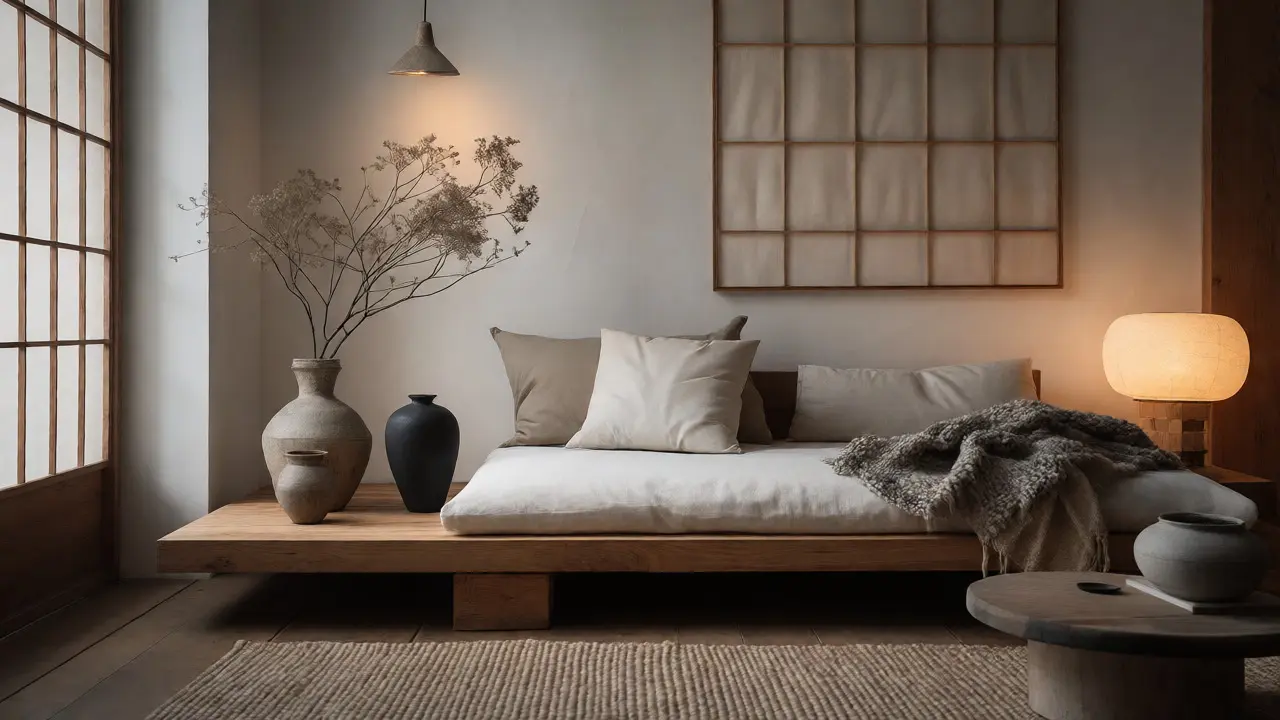 Interiér bytu ve stylu Japandi s nízkým nábytkem a přírodními materiály