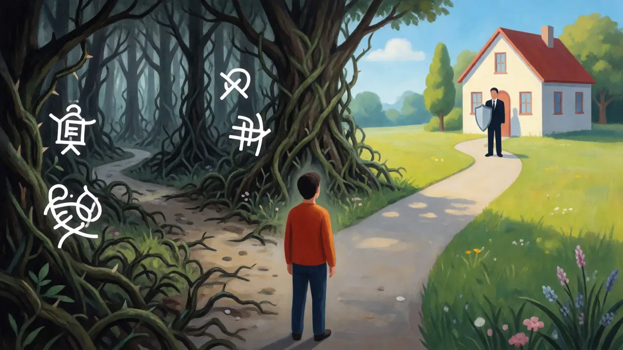 Konceptuální ilustrace cesty k bezpečnému bydlení versus rizika bez právníka