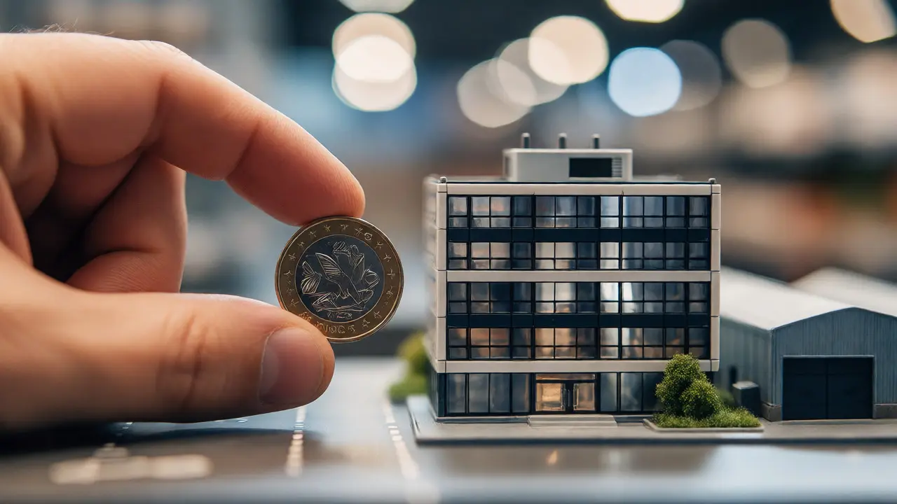 Mince vedle miniaturního modelu budovy, ilustrující malý vstupní kapitál pro investice.