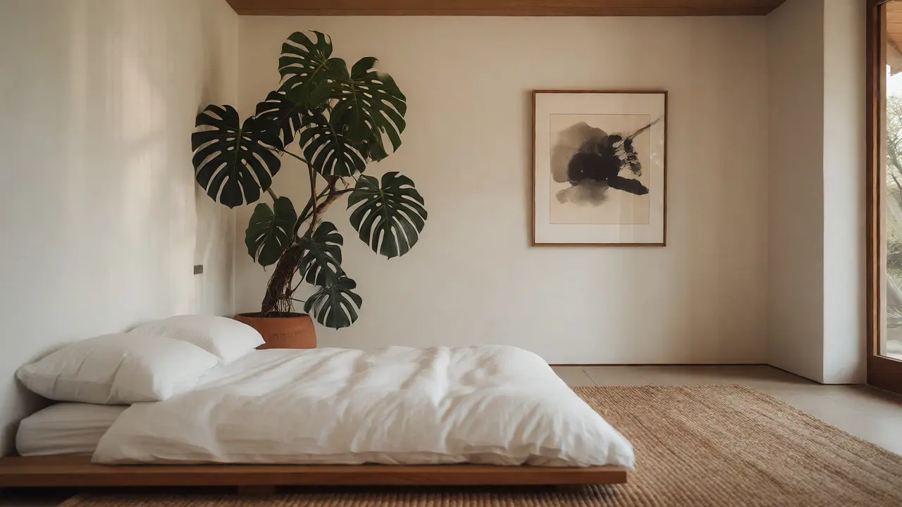 Minimalistická ložnice s nízkou postelí, rostlinou a klidnou atmosférou ve stylu Japandi.