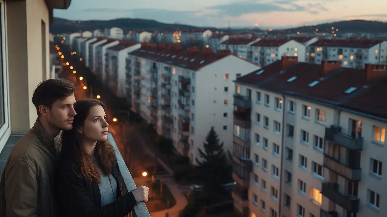 Mladý pár hledající bydlení na balkoně s výhledem na hustou zástavbu