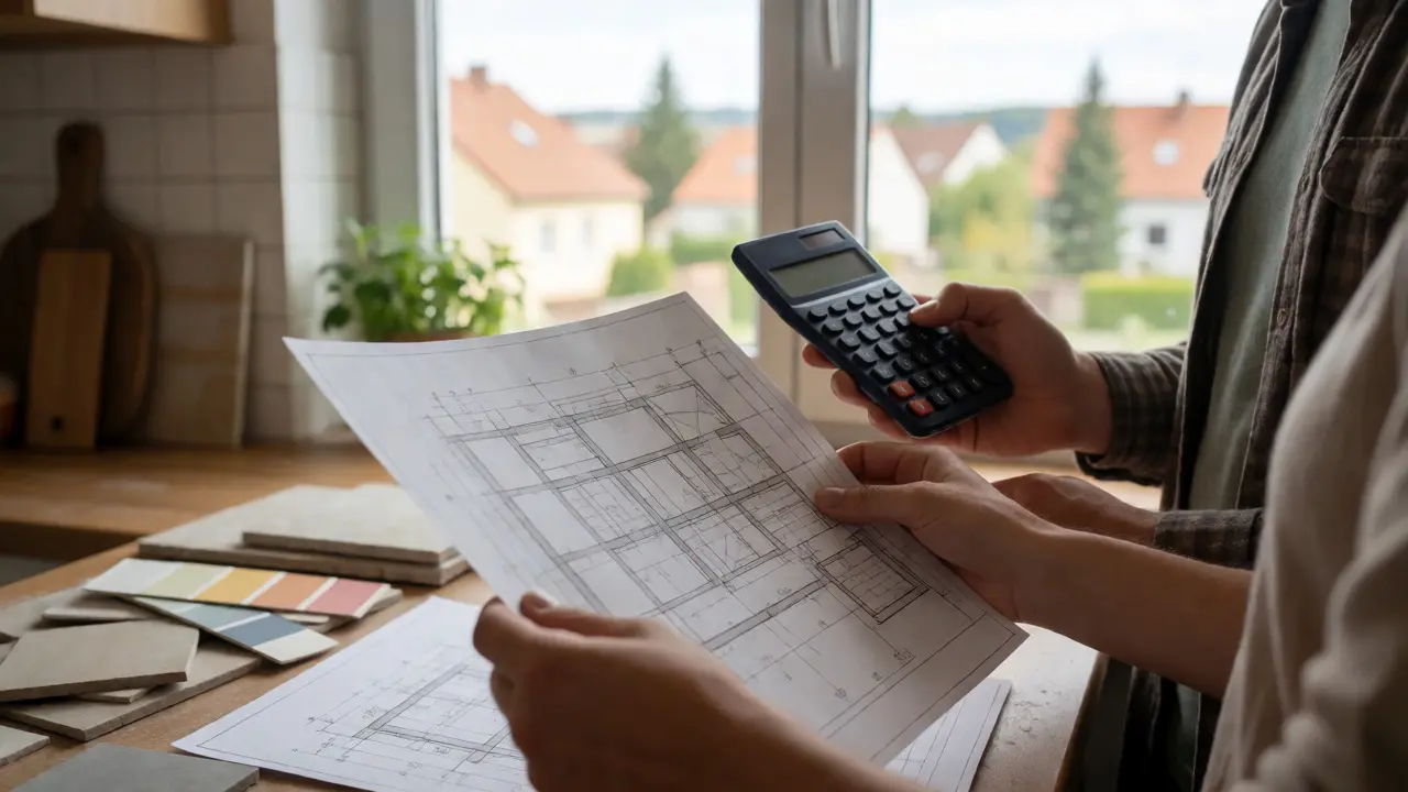Pár plánuje rekonstrukci bytu s plánky a kalkulačkou v kuchyni.