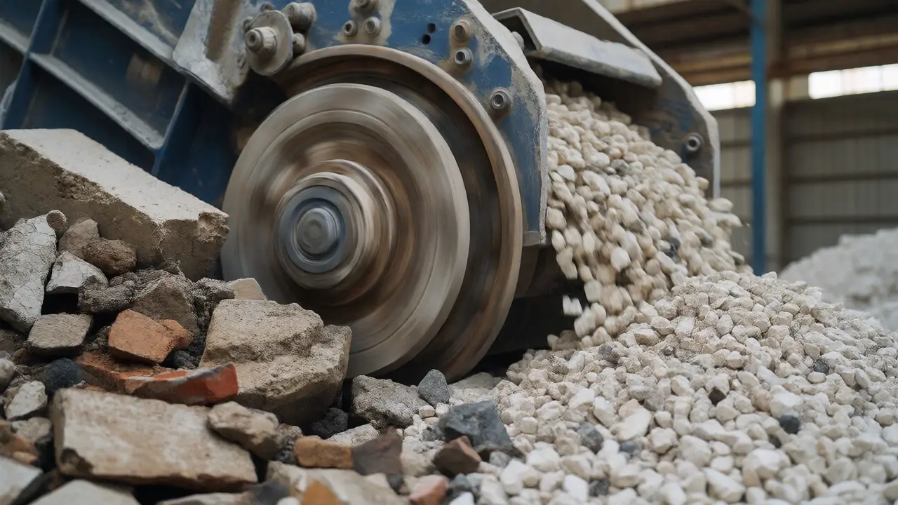 Proces recyklace betonu na čistý štěrk v průmyslové lince.