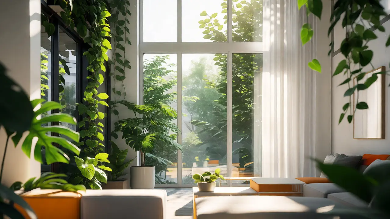 Světlý byt s biophilickým designem, rostlinami a výhledem do zeleně