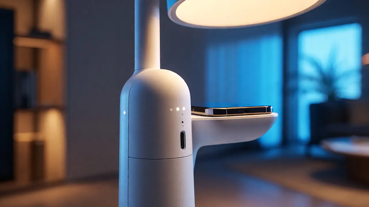 Detail chytré stojací lampy s USB portem a integrovanou policí.