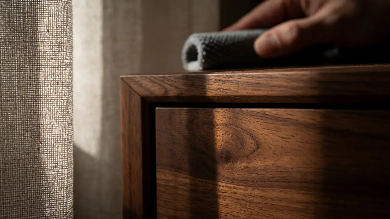 Detail dřevěného nábytku a textilie s důrazem na péči o materiály interiéru.