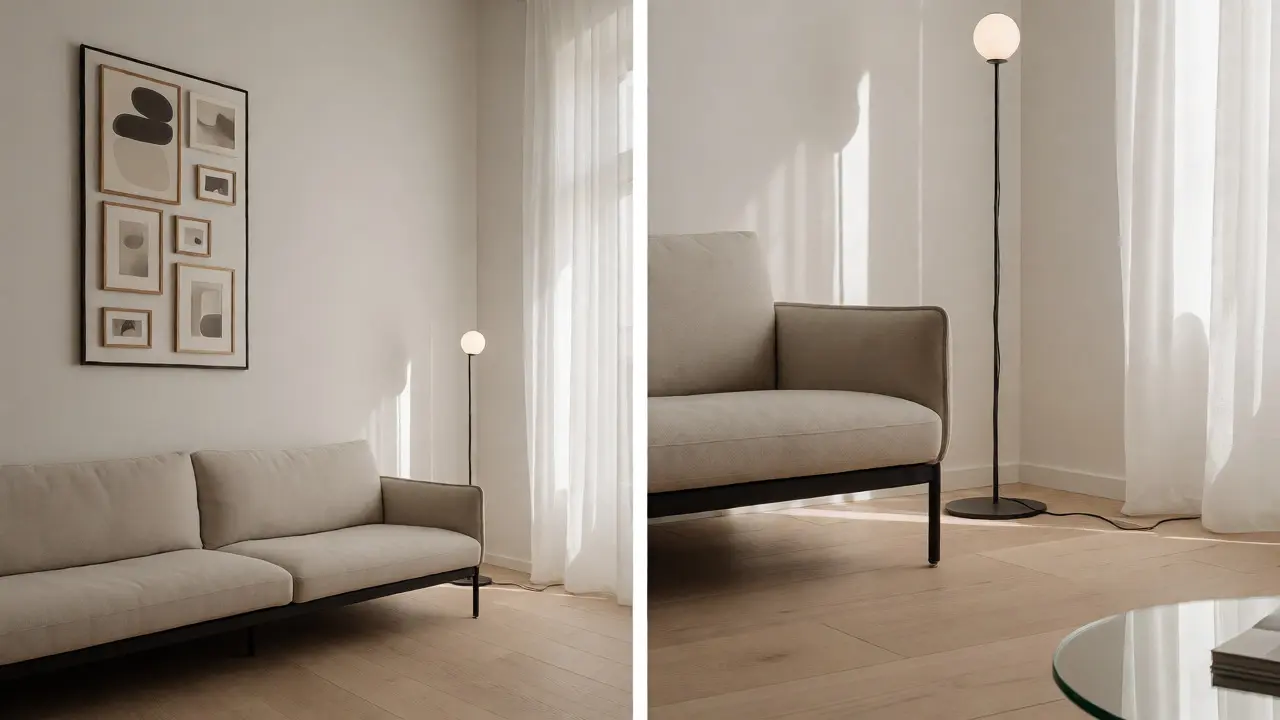 Detail minimalistického obýváku s lehkým nábytkem a vertikálními liniemi
