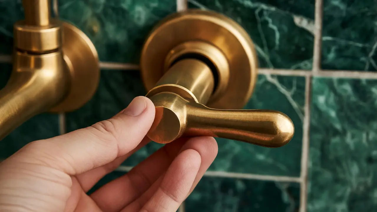 Detail ruky dotýkající se těžké mosazné páky vedle zelené mozaiky