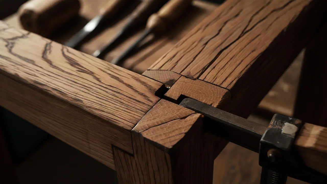Detail tradičního truhlářského spoje při opravě
