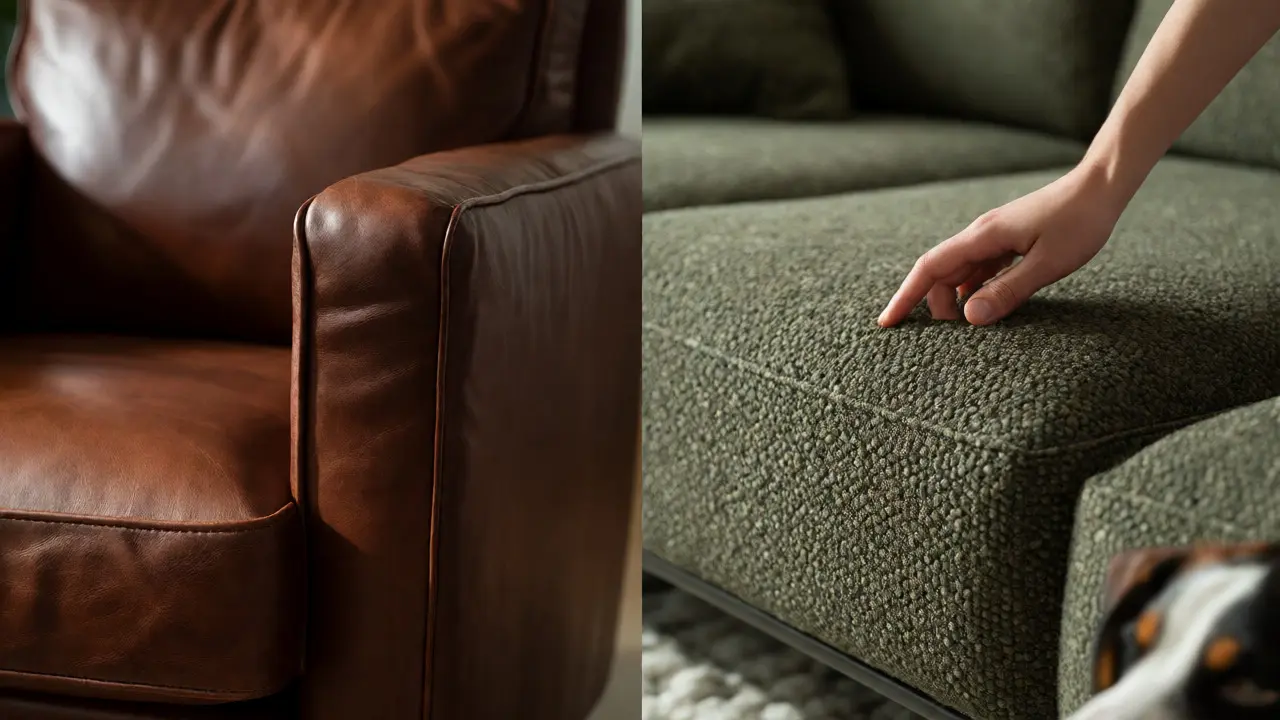 Detailní porovnání textury hnědé kůže a zeleného bouclé materiálu gauče