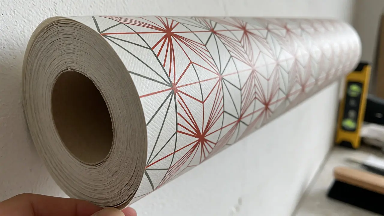 Detailní záběr na odvíjení role netkané tapety s přesným vzorem
