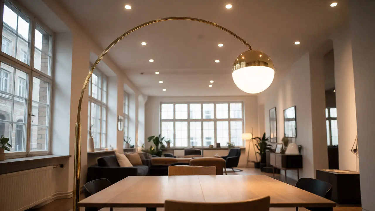 Elegantní oblouková lampa nad jídelním stolem v otevřeném prostoru.