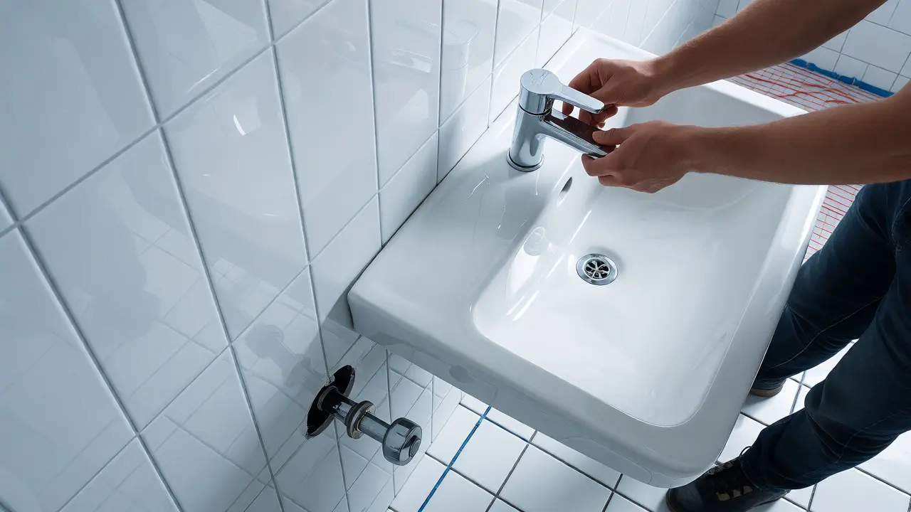 Instalace chromové baterie do umyvadla v dokončované koupelně
