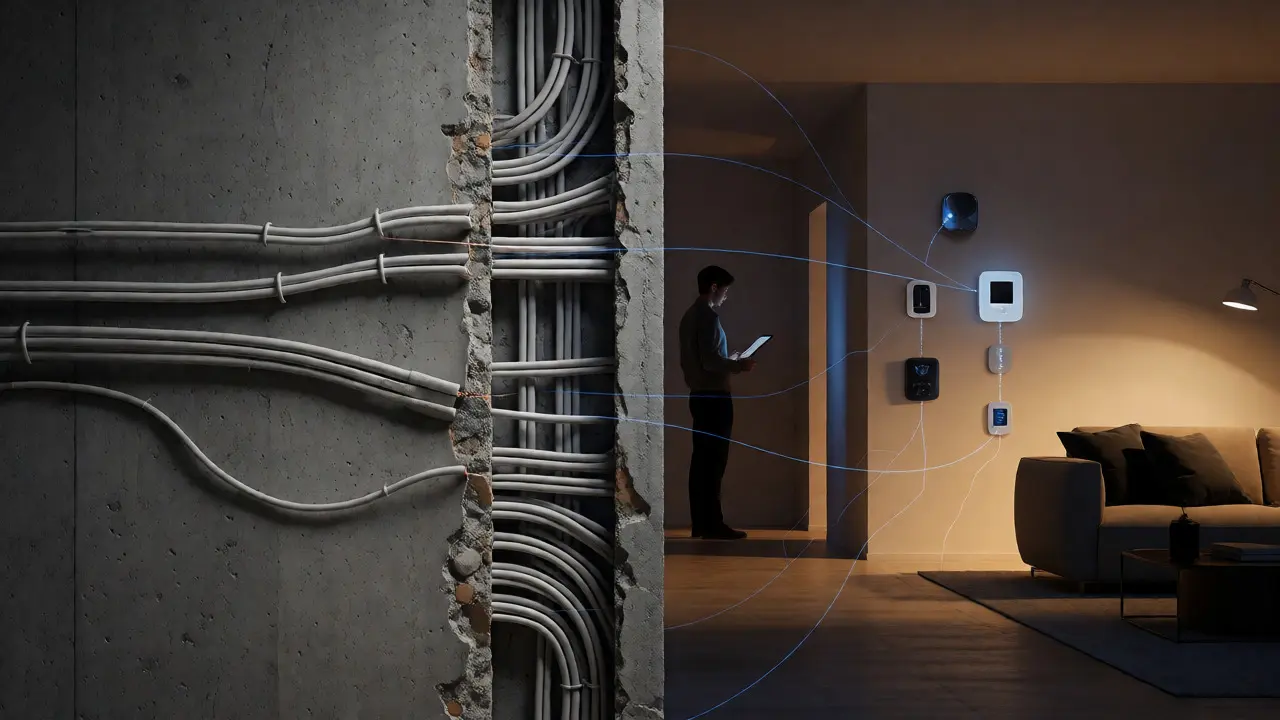 Koncept hybridní chytré instalace kombinující drátové páteřní sítě a bezdrátová zařízení.