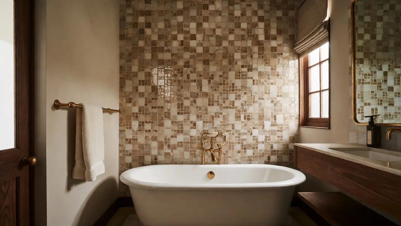 Luxusní koupelna s mosaznými doplňky, dřevem a béžovou mozaikou