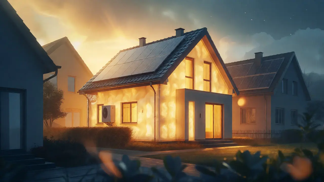 Moderní zateplený dům se solárními panely svítí teplým světlem.