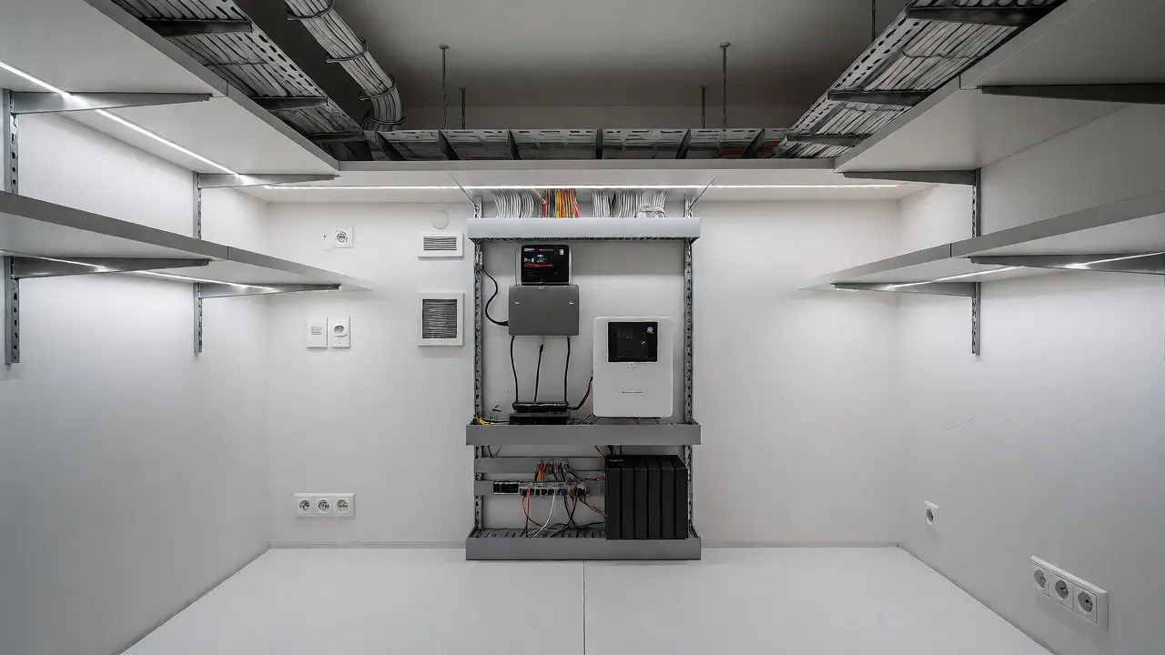 Organizovaná technická místnost s rozvaděčem a síťovými prvky pro chytrou domácnost.