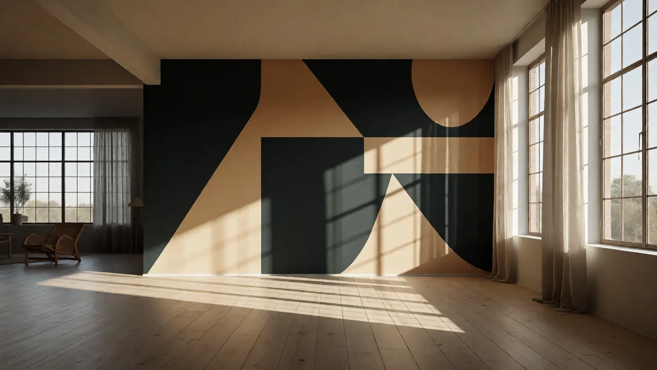 Prostorný loft s výraznou geometrickou akcentní stěnou a dřevem