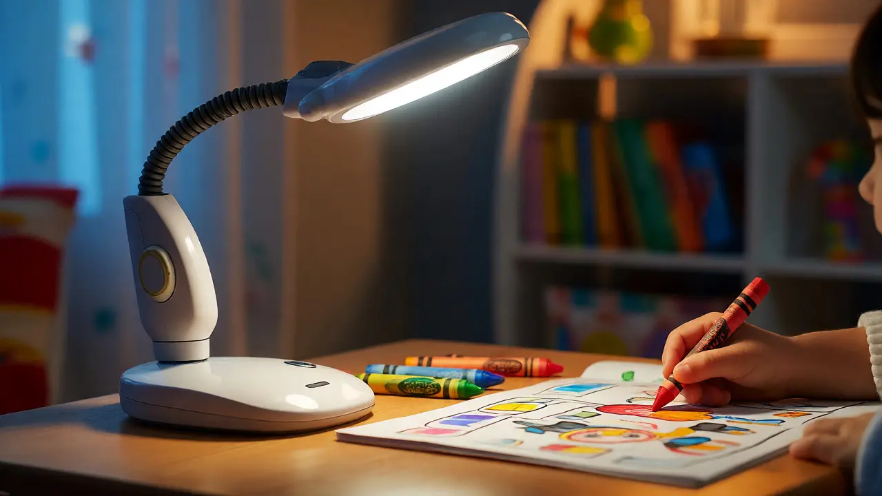 Stolní lampa s vysokým CRI osvětluje kreslící dítě