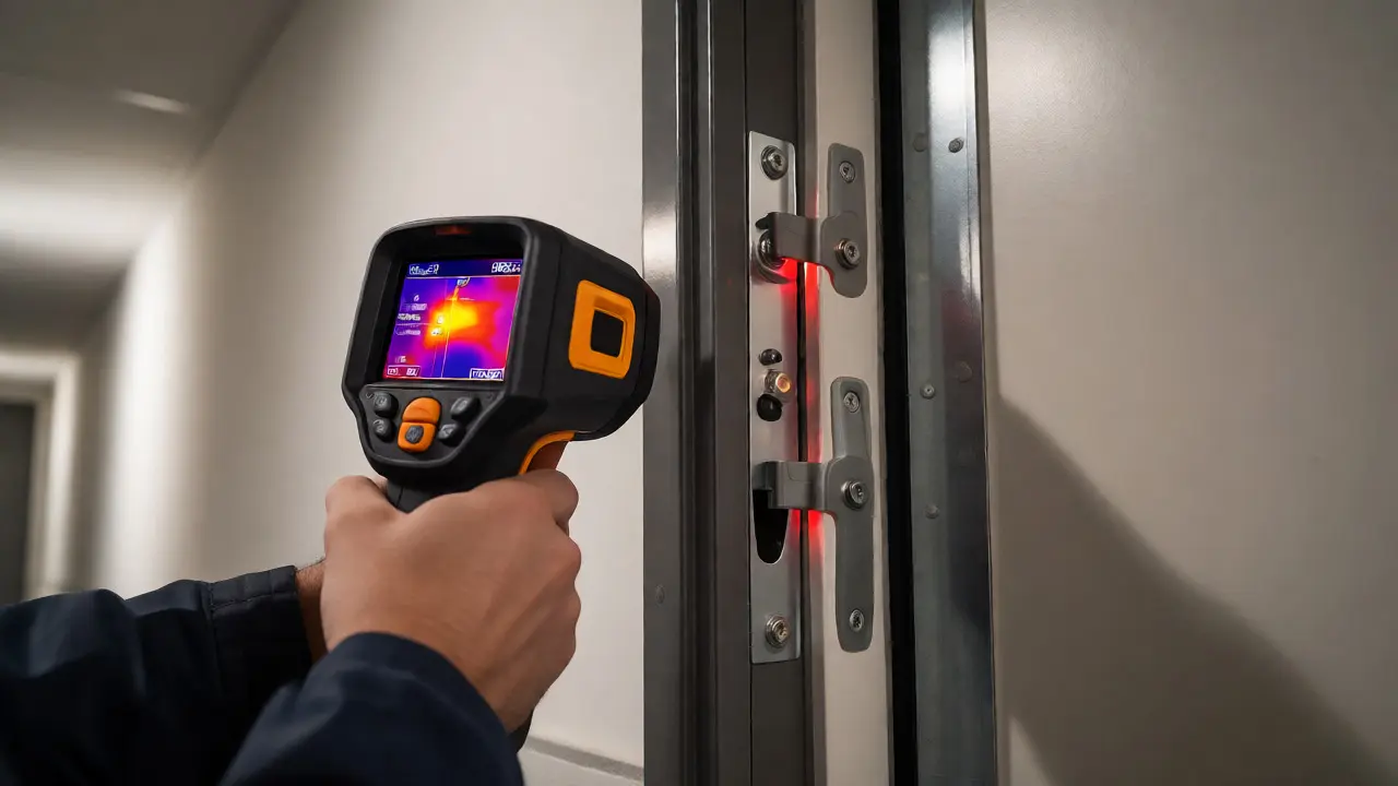 Technik kontroluje tepelné mosty u dveří pomocí termokamery