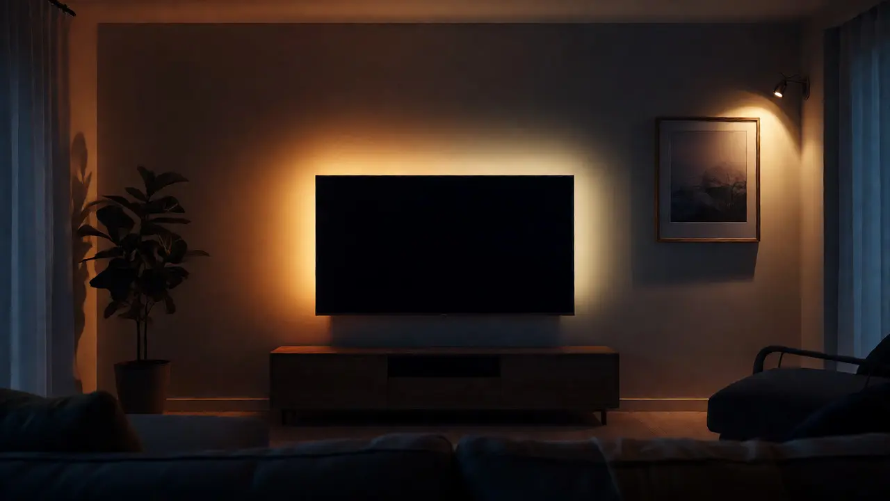 Večerní atmosféra obýváku s akcentním světlem za televizí a nasvícenými dekoracemi.